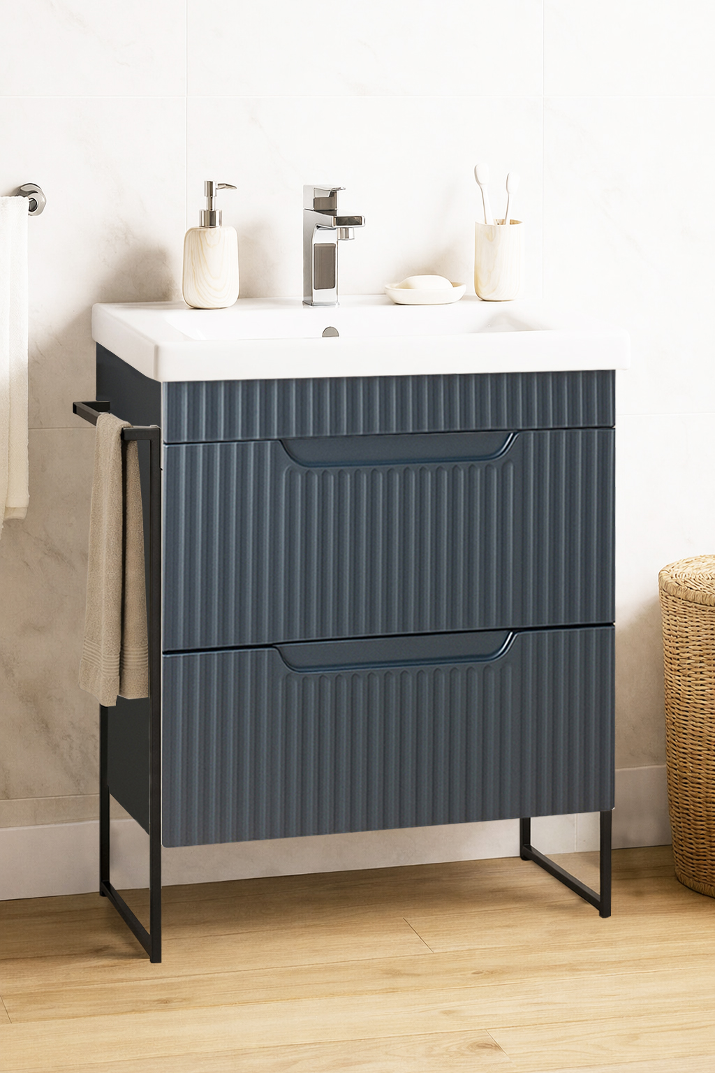 Mobilier Baie MDF și lavoar, Seria 733, Sertare, Cadru metalic, 60cm, Antracit