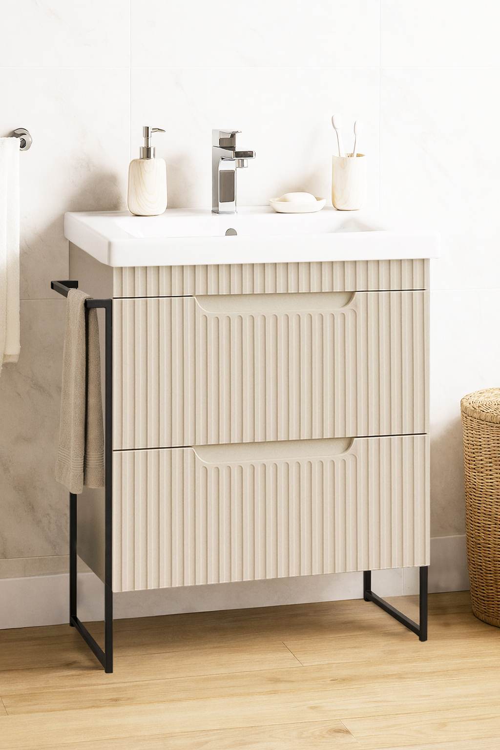 Mobilier Baie MDF și lavoar, Seria 733, Sertare, Cadru metalic, 60cm, Crem