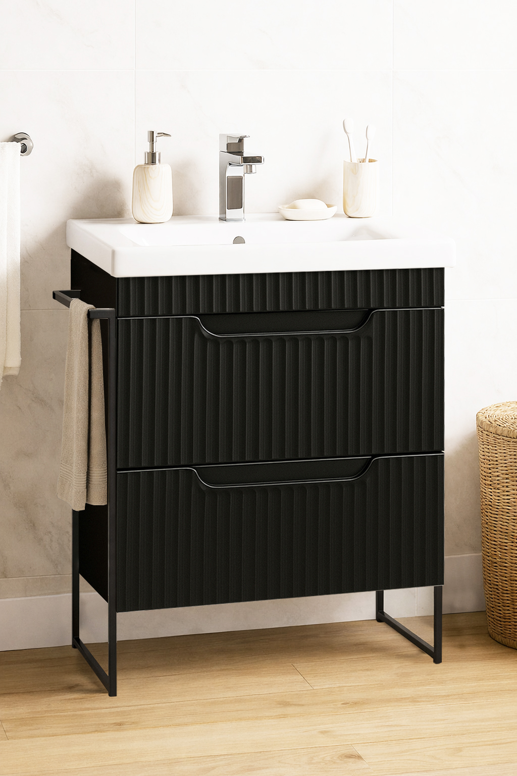 Mobilier Baie MDF și lavoar, Seria 733, Sertare, Cadru metalic, 60cm, Negru