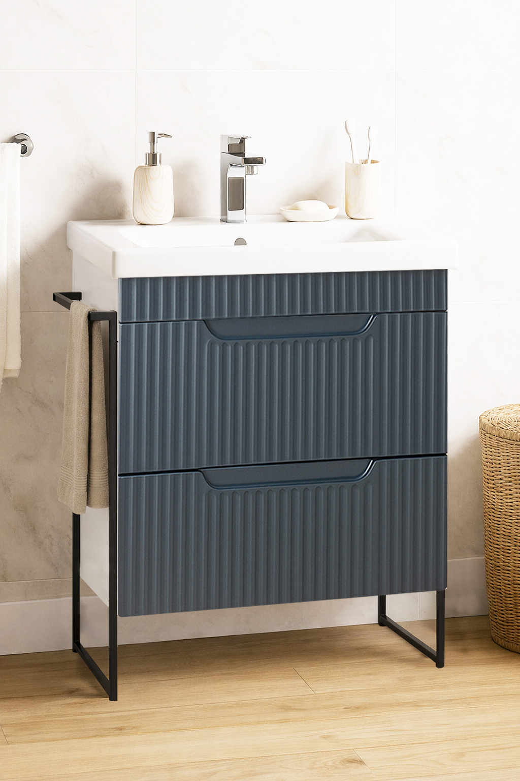 Mobilier Baie MDF Kit și lavoar, Seria 733, Sertare, Cadru metalic, 60cm, Antracit