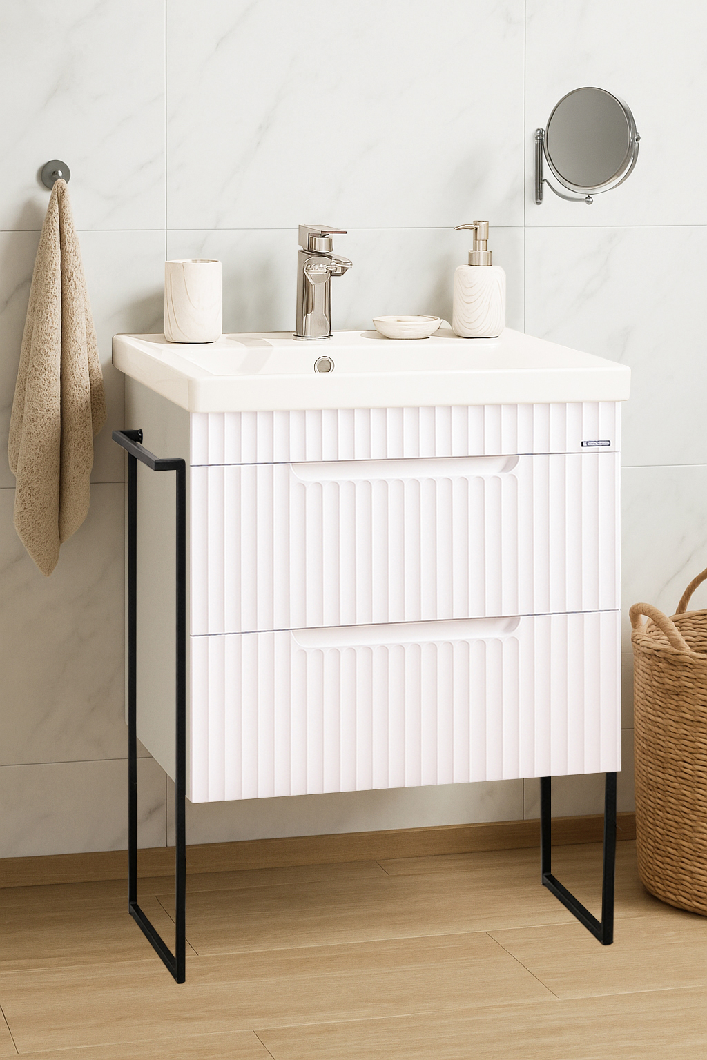 Mobilier Baie MDF și lavoar, Seria 733, Sertare, Cadru metalic, 60cm, Alb rustic