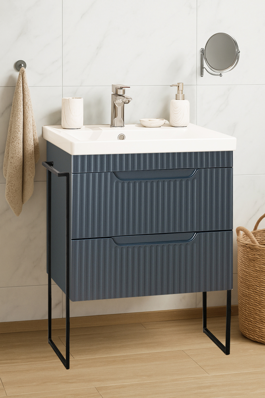 Mobilier Baie MDF și lavoar, Seria 733, Sertare, Cadru metalic, 60cm, Antracit