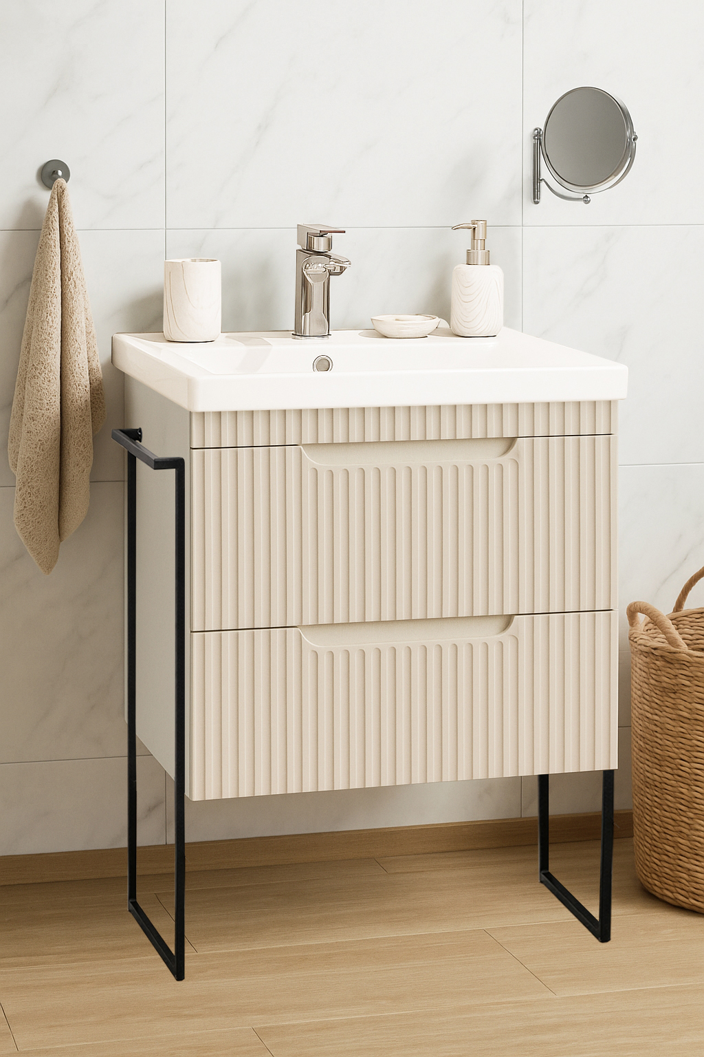 Mobilier Baie MDF și lavoar, Seria 733, Sertare, Cadru metalic, 60cm, Crem