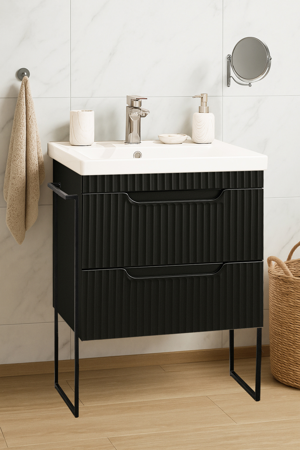 Mobilier Baie MDF și lavoar, Seria 733, Sertare, Cadru metalic, 60cm, Negru