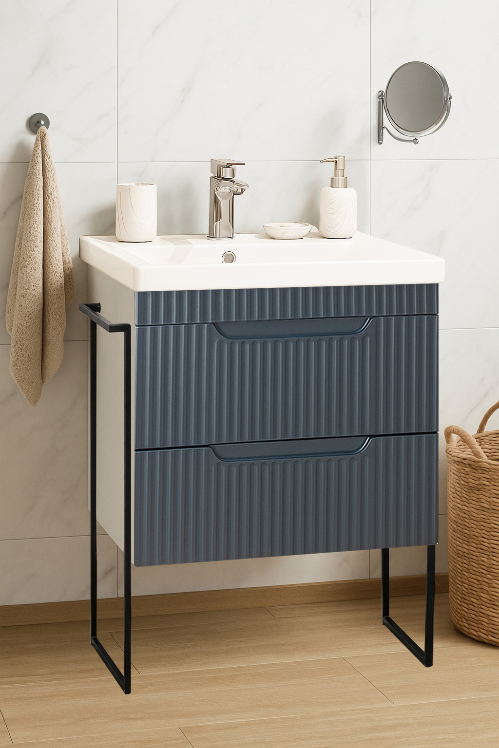 Mobilier Baie MDF Kit și lavoar, Seria 733, Sertare, Cadru metalic, 60cm, Antracit