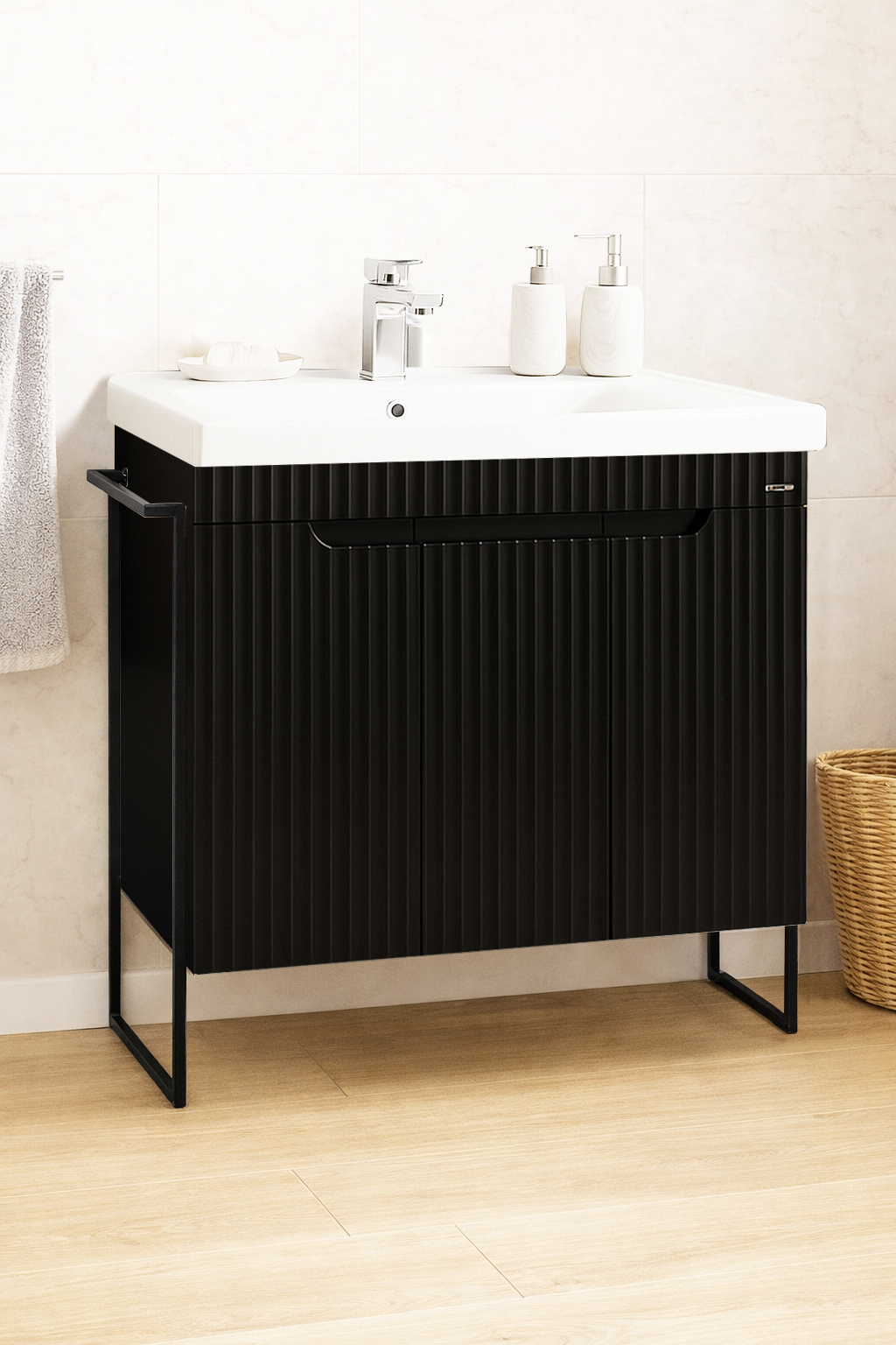 Mobilier Baie MDF și lavoar, Seria 733, Cadru metalic, 80cm, Negru