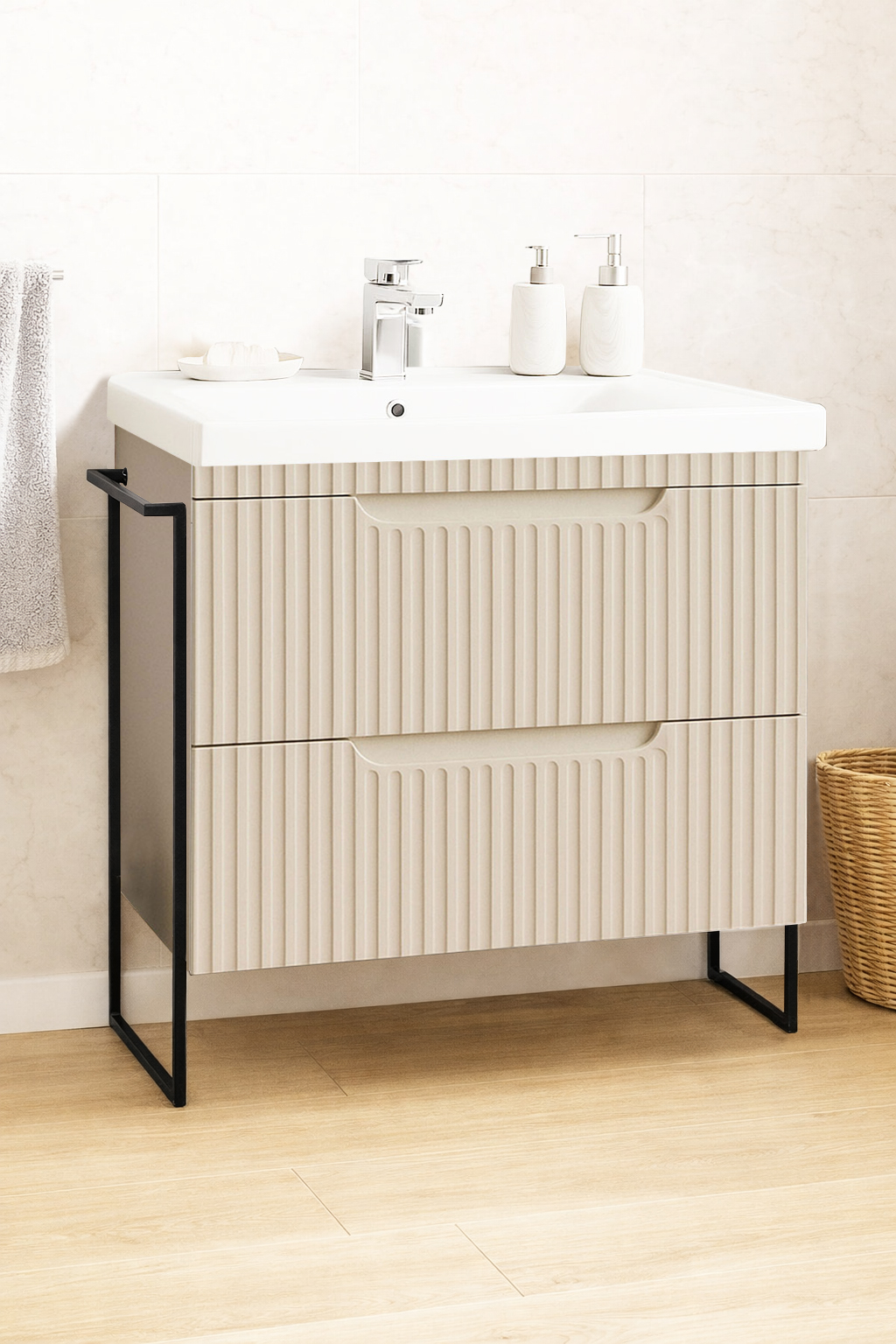 Mobilier Baie MDF și lavoar, Seria 733, Sertare, Cadru metalic, 80cm, Crem