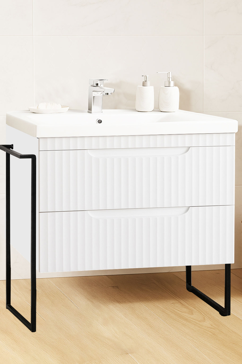 Mobilier Baie MDF și lavoar, Seria 733, Sertare, Cadru metalic, 80cm, Alb rustic