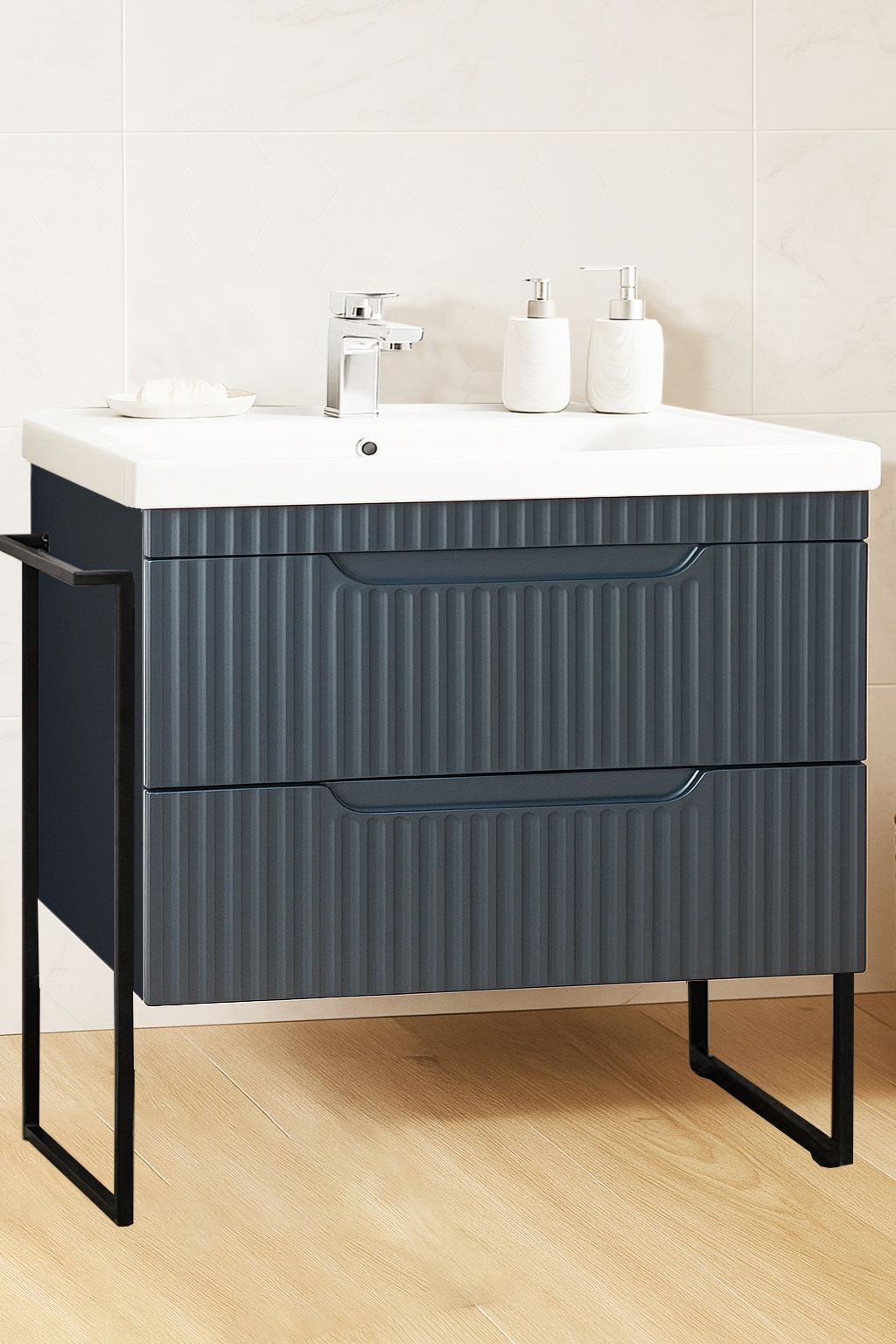 Mobilier Baie MDF și lavoar, Seria 733, Sertare, Cadru metalic, 80cm, Antracit