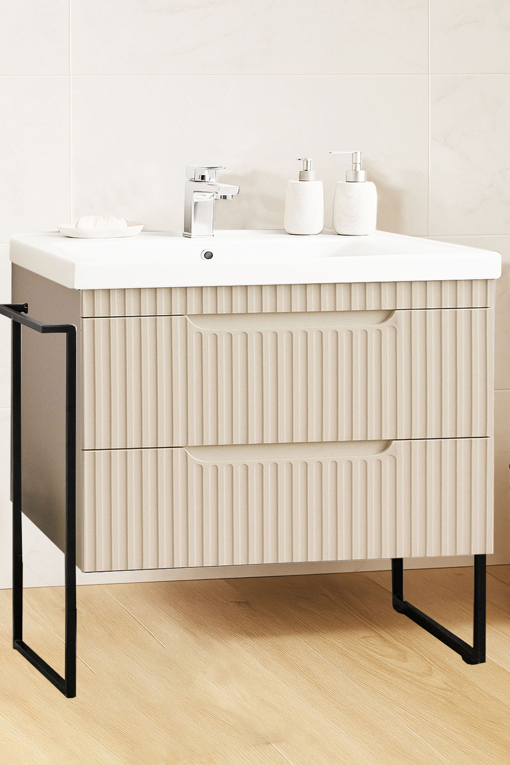 Mobilier Baie MDF și lavoar, Seria 733, Sertare, Cadru metalic, 80cm, Crem