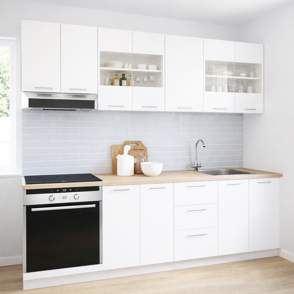 Mobilier de Bucătărie Set cu soft-close, Germania, corpuri inalte, blat gros, corp cuptor, 220cm, Alb