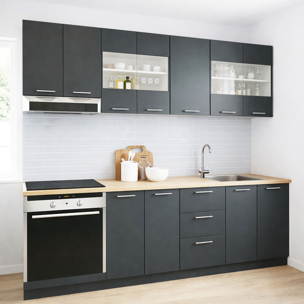 Mobilier de Bucătărie Set cu soft-close, Germania, corpuri inalte, blat gros, corp cuptor, 220cm, Antracit