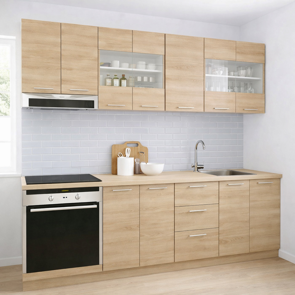 Mobilier de Bucătărie Set cu soft-close, Germania, corpuri inalte, blat gros, corp cuptor, 220cm, Sonoma