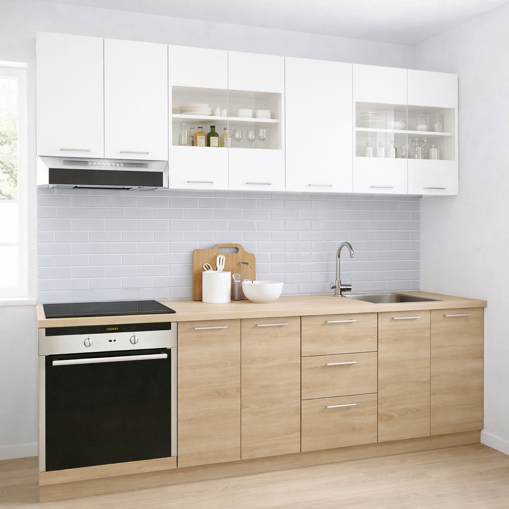 Mobilier de Bucătărie Set cu soft-close, Germania, corpuri inalte, blat gros, corp cuptor, 220cm, Sonoma/Alb