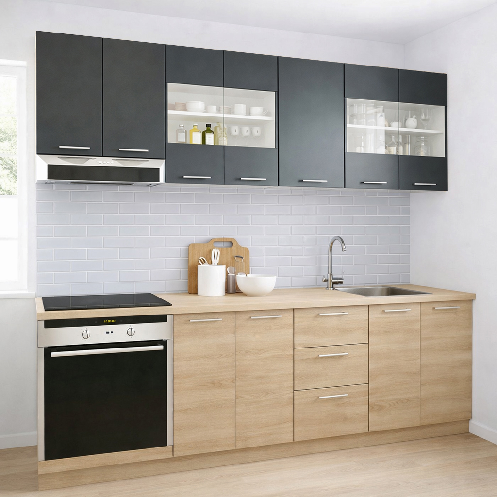 Mobilier de Bucătărie Set cu soft-close, Germania, corpuri inalte, blat gros, corp cuptor, 220cm, Sonoma/Antracit