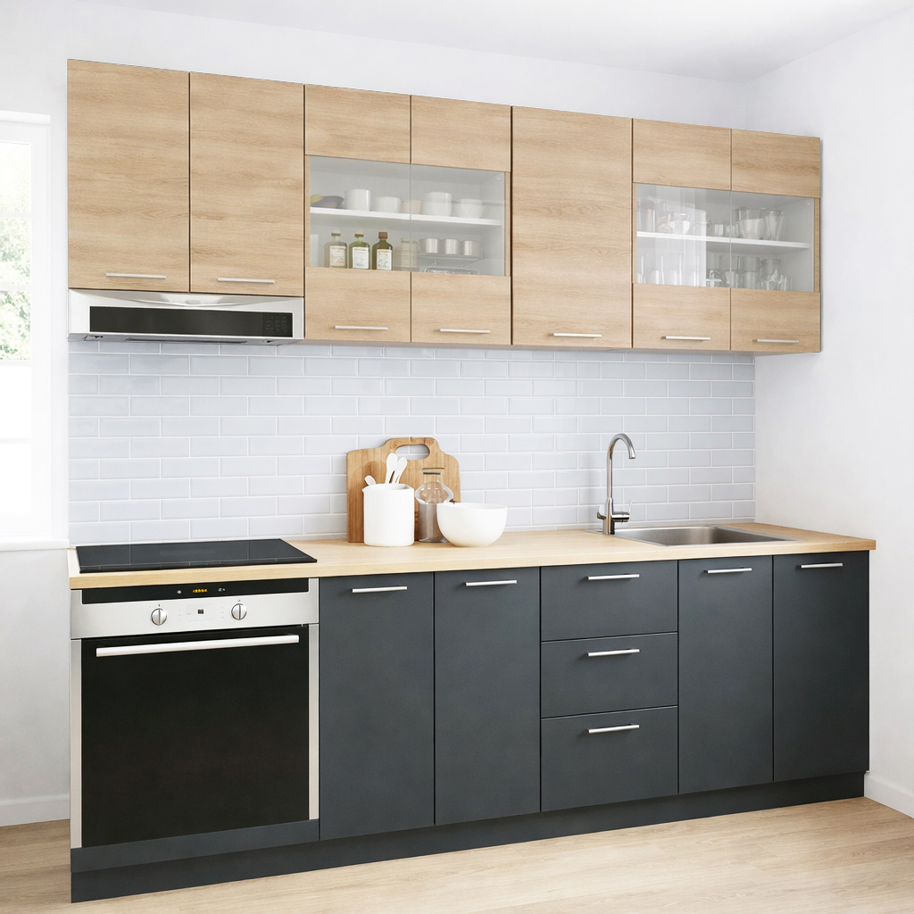 Mobilier de Bucătărie Set cu soft-close, Germania, corpuri inalte, blat gros, corp cuptor, 220cm, Antracit/Sonoma