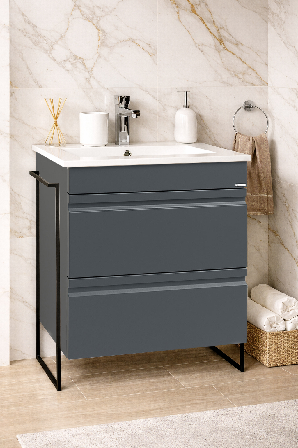 Mobilier Baie MDF și lavoar, Seria 086, Sertare, Cadru metalic, 60cm, Antracit