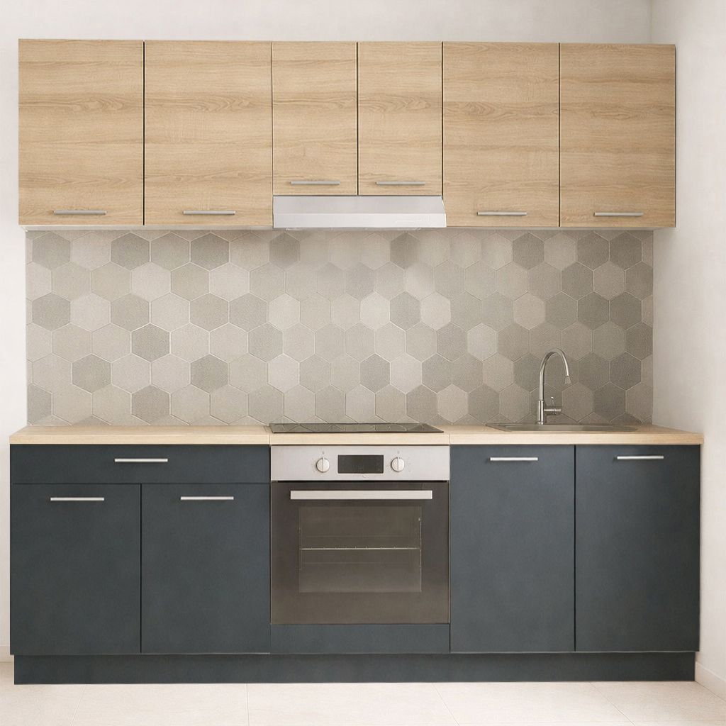 Mobilier de Bucătărie Set cu soft-close, Germania, 220cm, corpuri inalte, blat gros, corp cuptor, Antracit/Sonoma