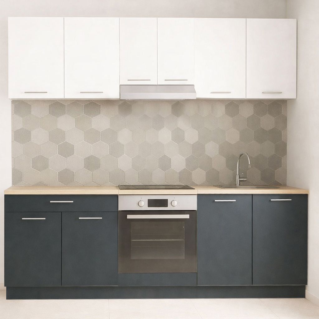 Mobilier de Bucătărie Set cu soft-close, Germania, 220cm, corpuri inalte, blat gros, corp cuptor, Antracit/Alb