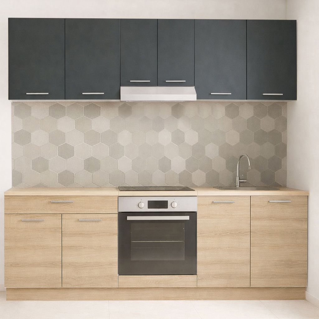 Mobilier de Bucătărie Set cu soft-close, Germania, 220cm, corpuri inalte, blat gros, corp cuptor, Sonoma/Antracit