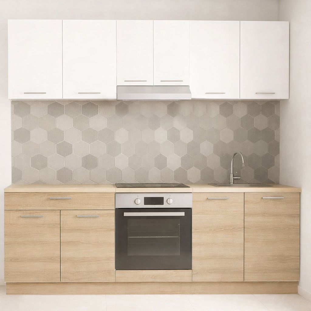 Mobilier de Bucătărie Set cu soft-close, Germania, 220cm, corpuri inalte, blat gros, corp cuptor, Sonoma/Alb