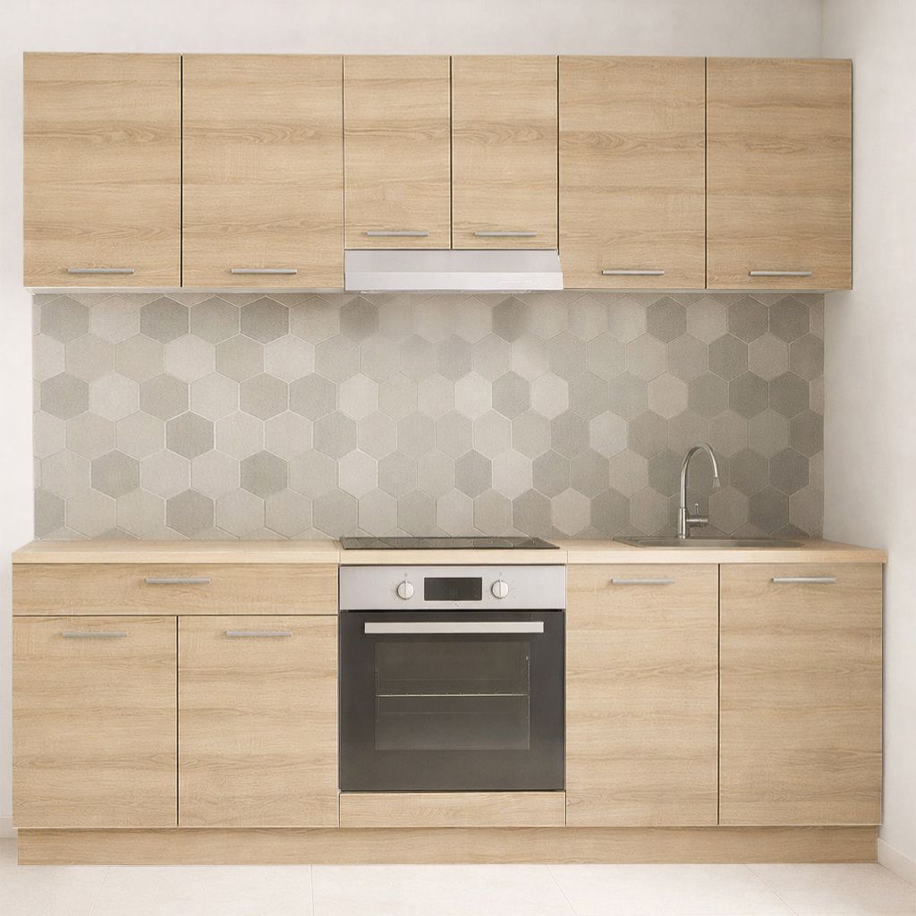 Mobilier de Bucătărie Set cu soft-close, Germania, 220cm, corpuri inalte, blat gros, corp cuptor, Sonoma