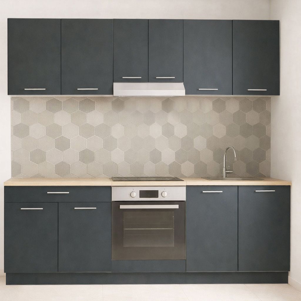 Mobilier de Bucătărie Set cu soft-close, Germania, 220cm, corpuri inalte, blat gros, corp cuptor, Antracit