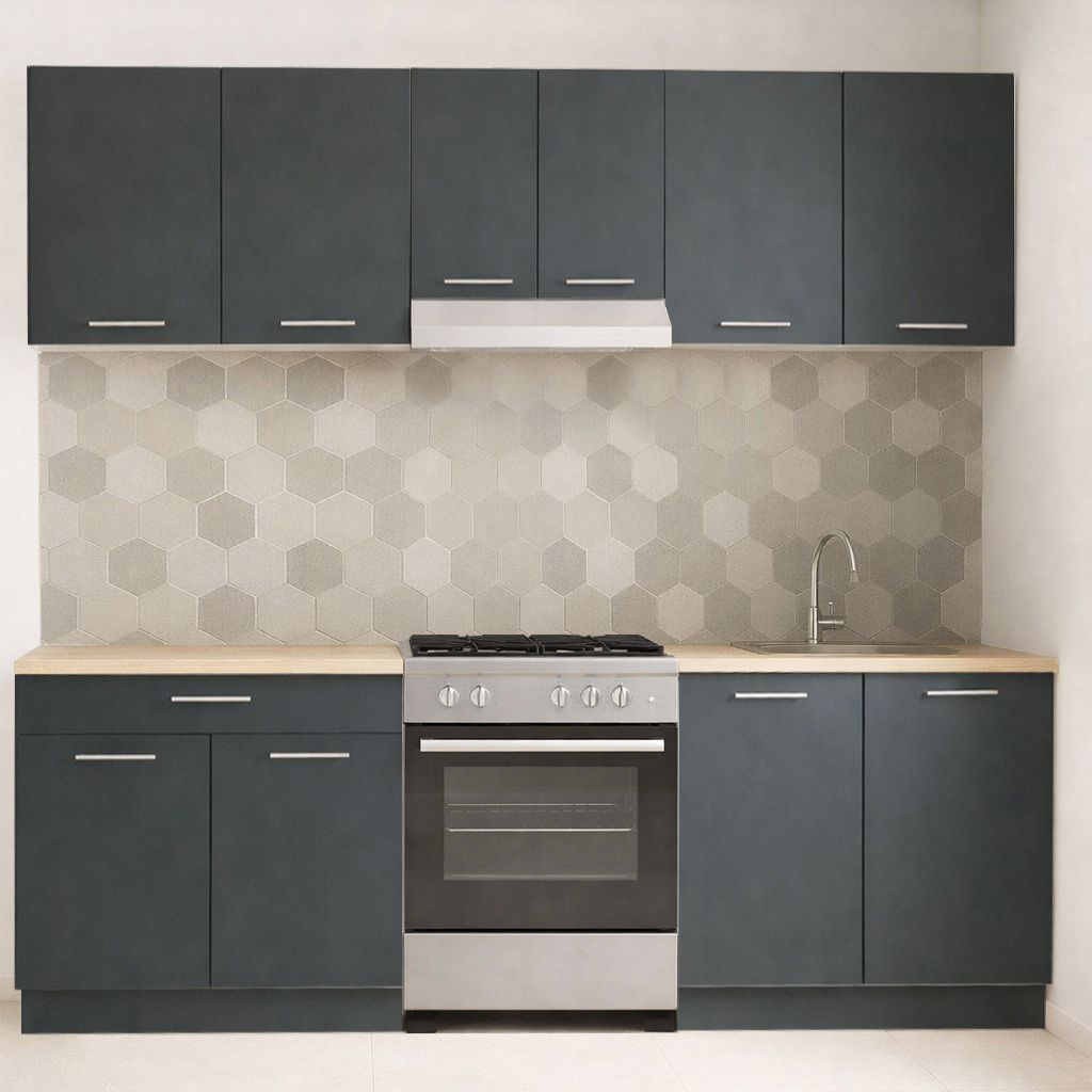 Mobilier de Bucătărie Set cu soft-close, Germania, 220cm, corpuri inalte, blat gros, Antracit