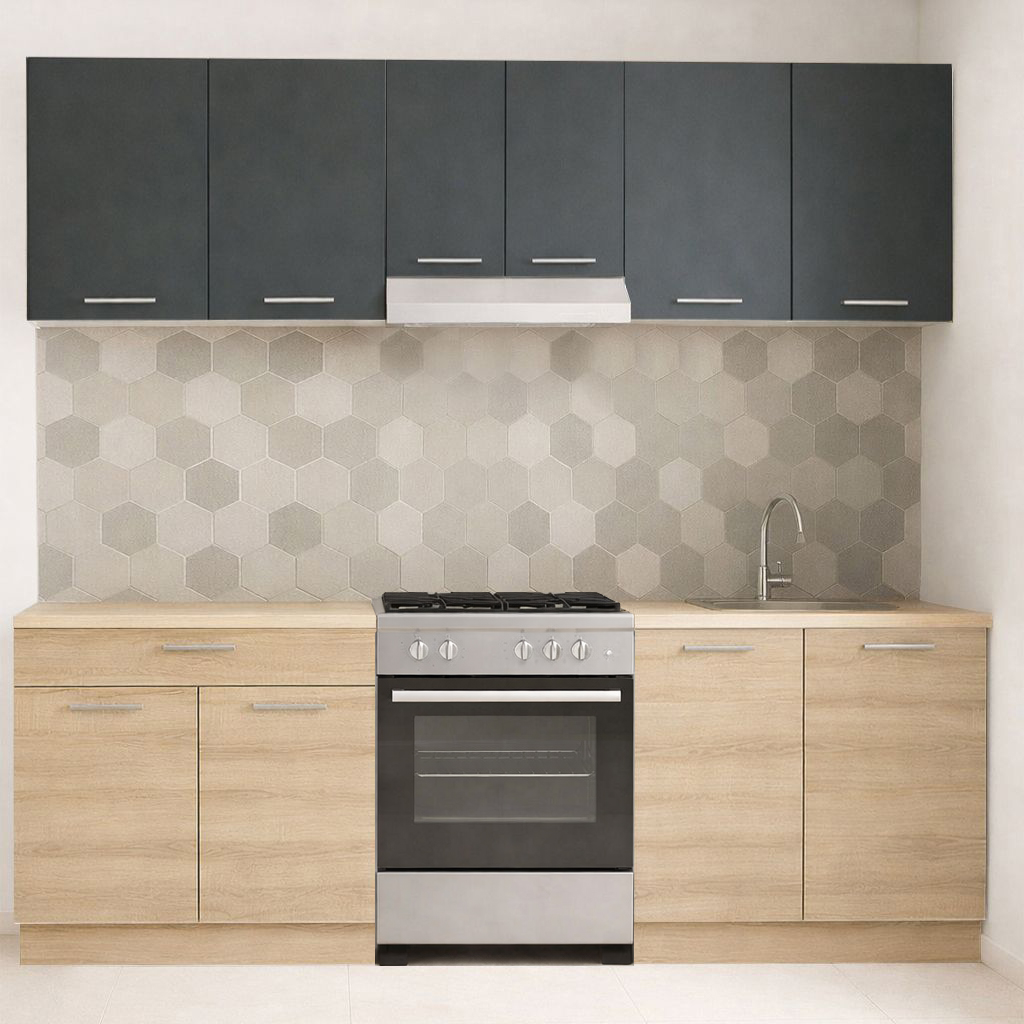 Mobilier de Bucătărie Set cu soft-close, Germania, 220cm, corpuri inalte, blat gros, Sonoma/Antracit