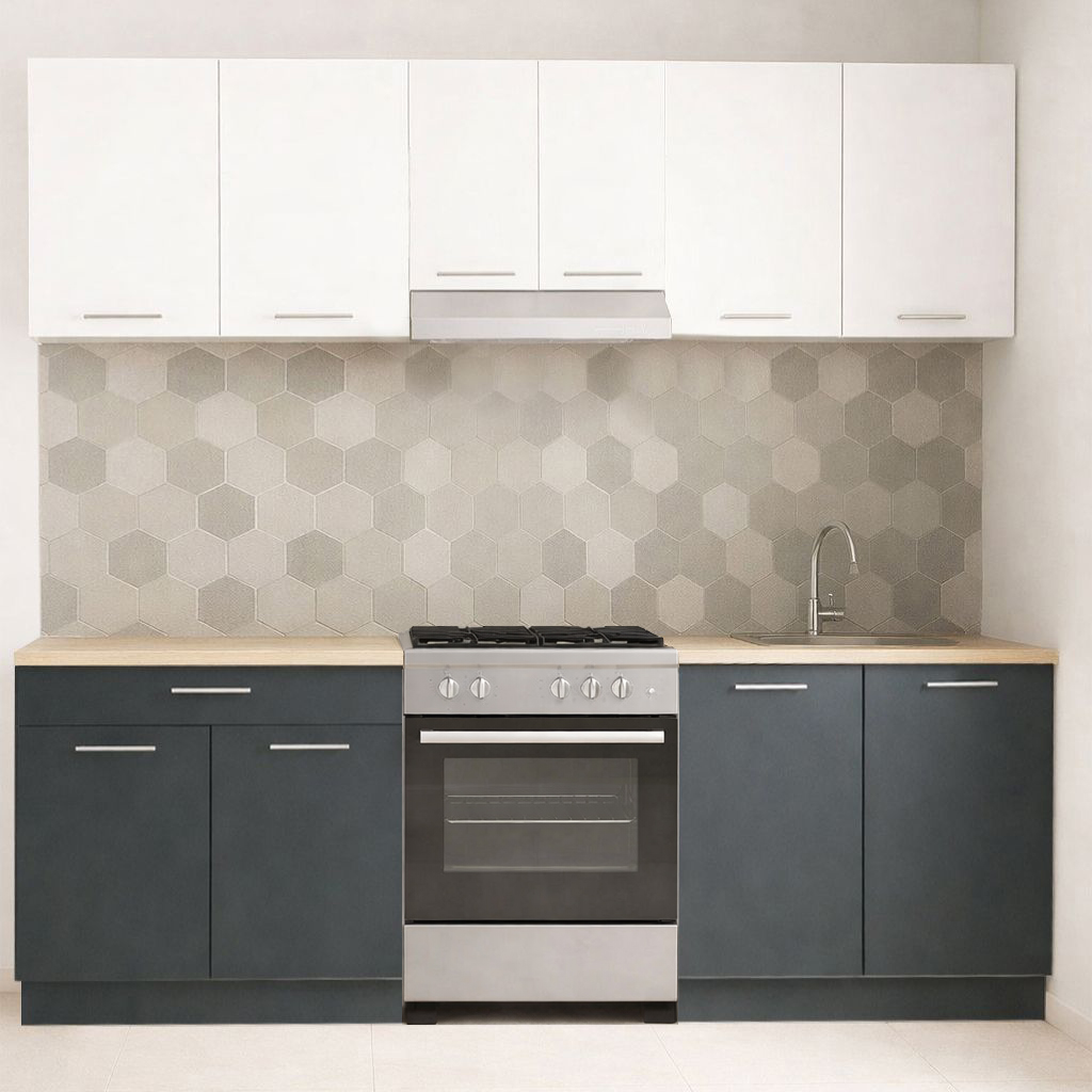 Mobilier de Bucătărie Set cu soft-close, Germania, 220cm, corpuri inalte, blat gros, Antracit/Alb