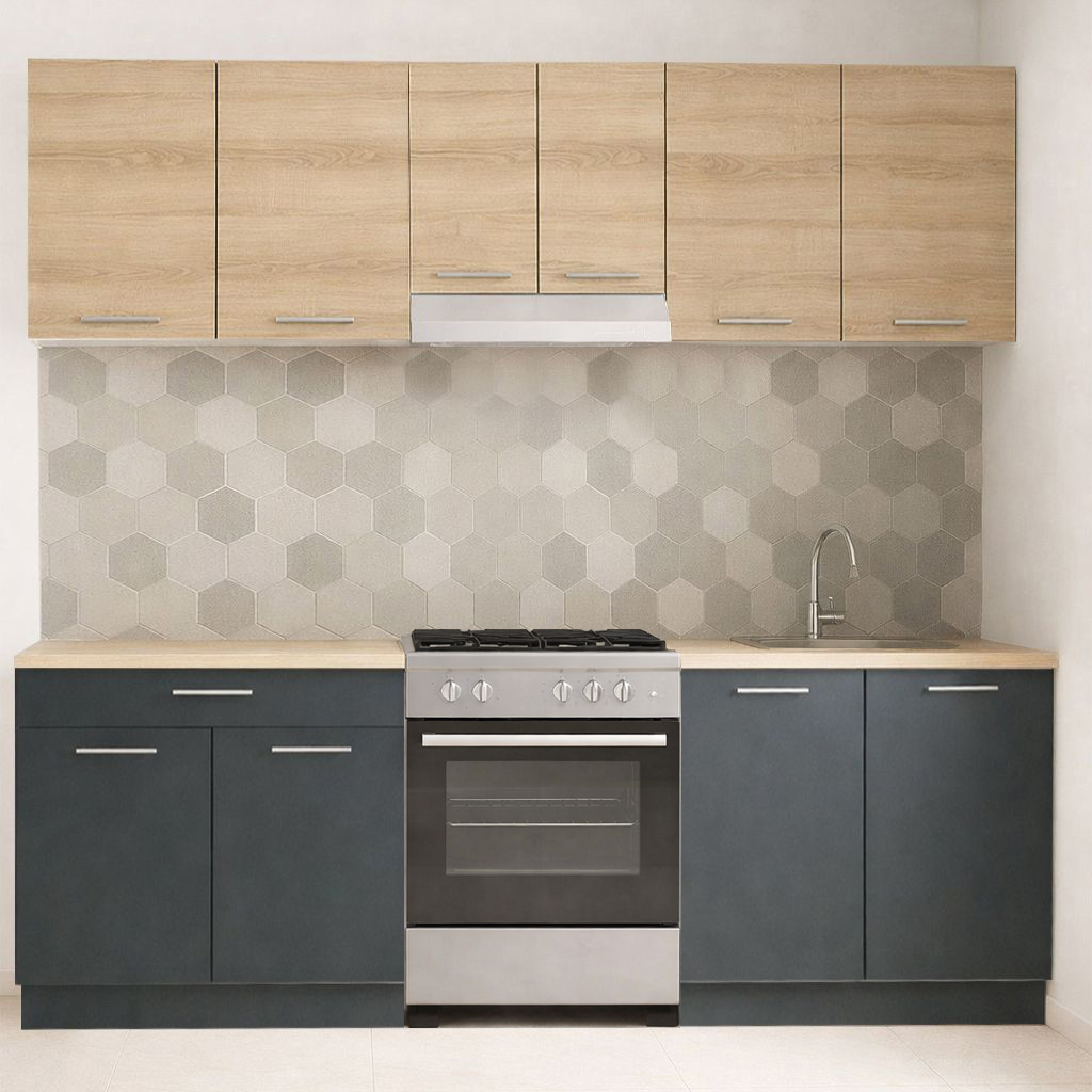 Mobilier de Bucătărie Set cu soft-close, Germania, 220cm, corpuri inalte, blat gros, Antracit/Sonoma