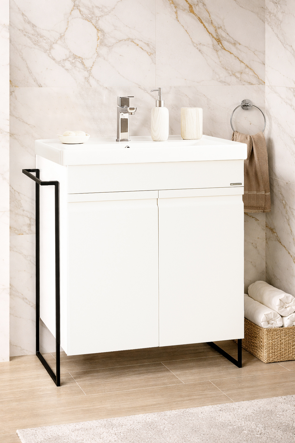 Mobilier Baie MDF și lavoar, Seria 786, Cadru metalic, 60cm, Alb