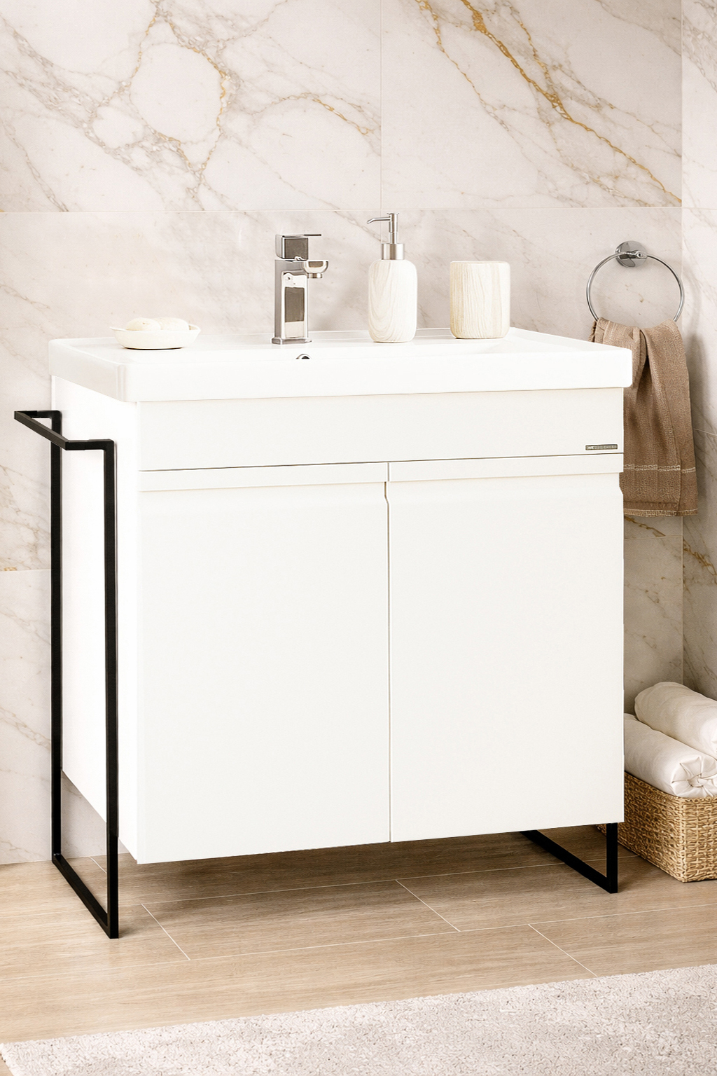 Mobilier Baie MDF și lavoar, Seria 786, Cadru metalic, 70cm, Alb