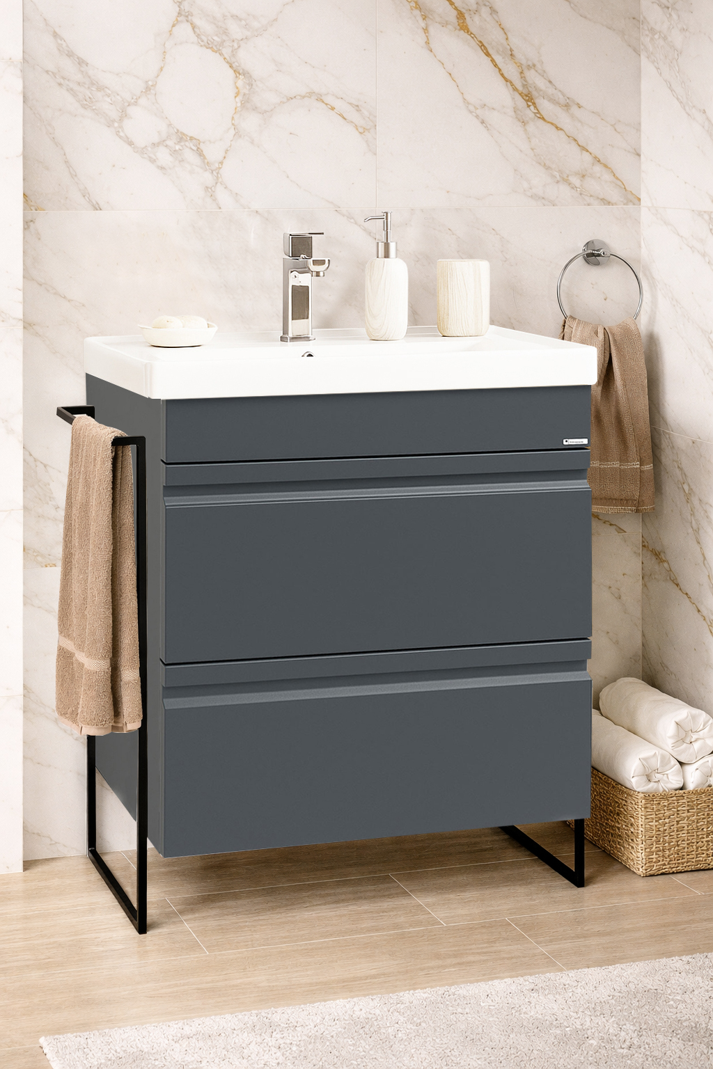 Mobilier Baie MDF și lavoar, Seria 786, Cadru metalic, Sertare, 60cm, Antracit