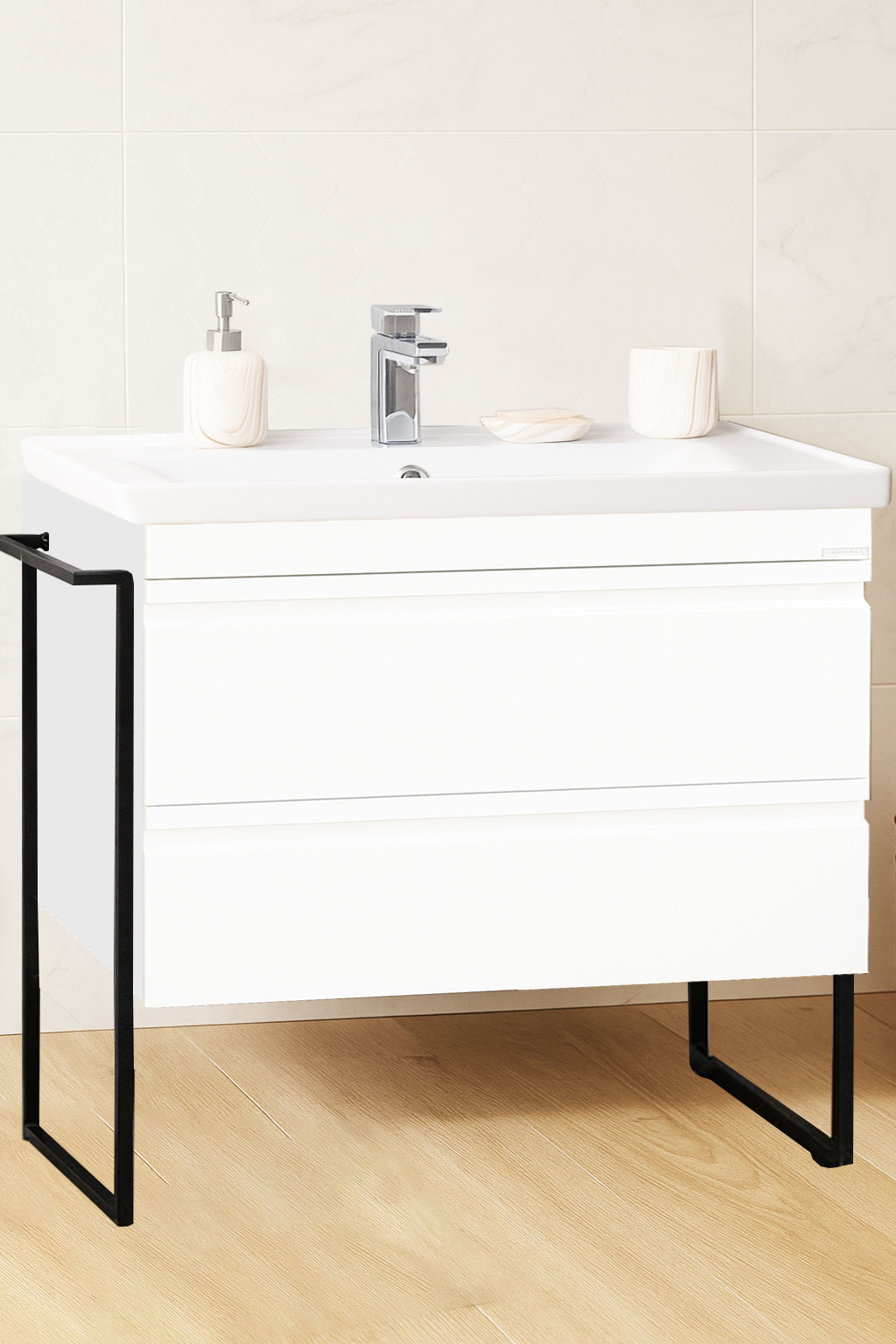 Mobilier Baie MDF și lavoar, Seria 786, Cadru metalic, Sertare, 90cm, Alb