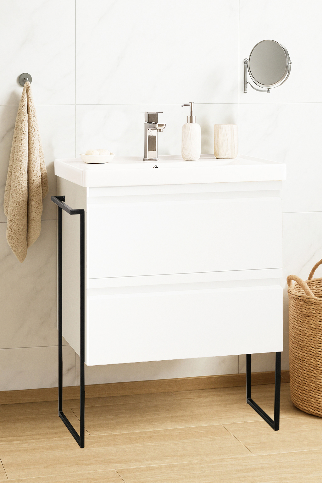 Mobilier Baie MDF Kit și lavoar, Seria 786, Cadru metalic, Sertare, 60cm, Alb