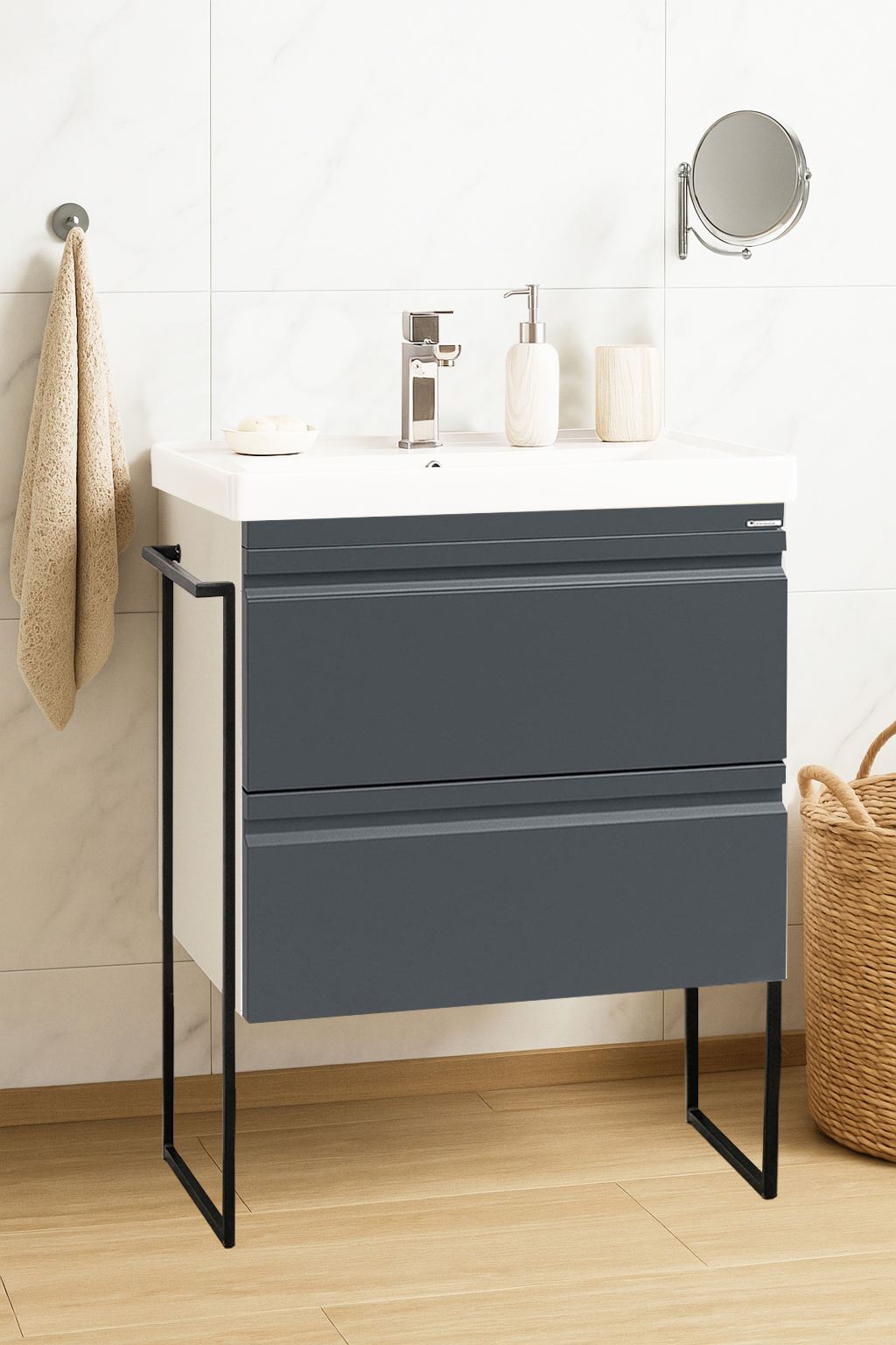 Mobilier Baie MDF Kit și lavoar, Seria 786, Cadru metalic, Sertare, 60cm, Antracit