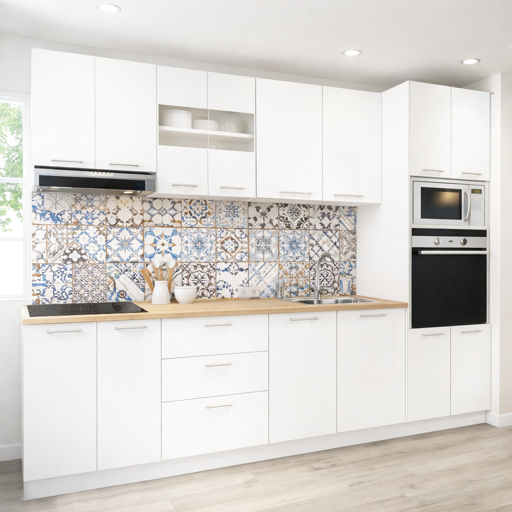 Mobilier de Bucătărie Set cu soft-close, Germania, 260cm, corpuri inalte, blat gros, corp cuptor-cuptor microunde, Alb