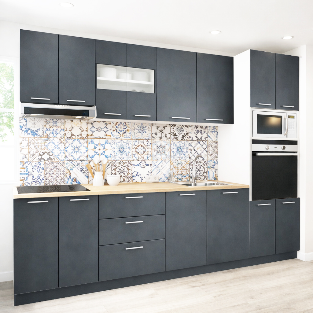 Mobilier de Bucătărie Set cu soft-close, Germania, 260cm, corpuri inalte, blat gros, corp cuptor-cuptor microunde, Antracit