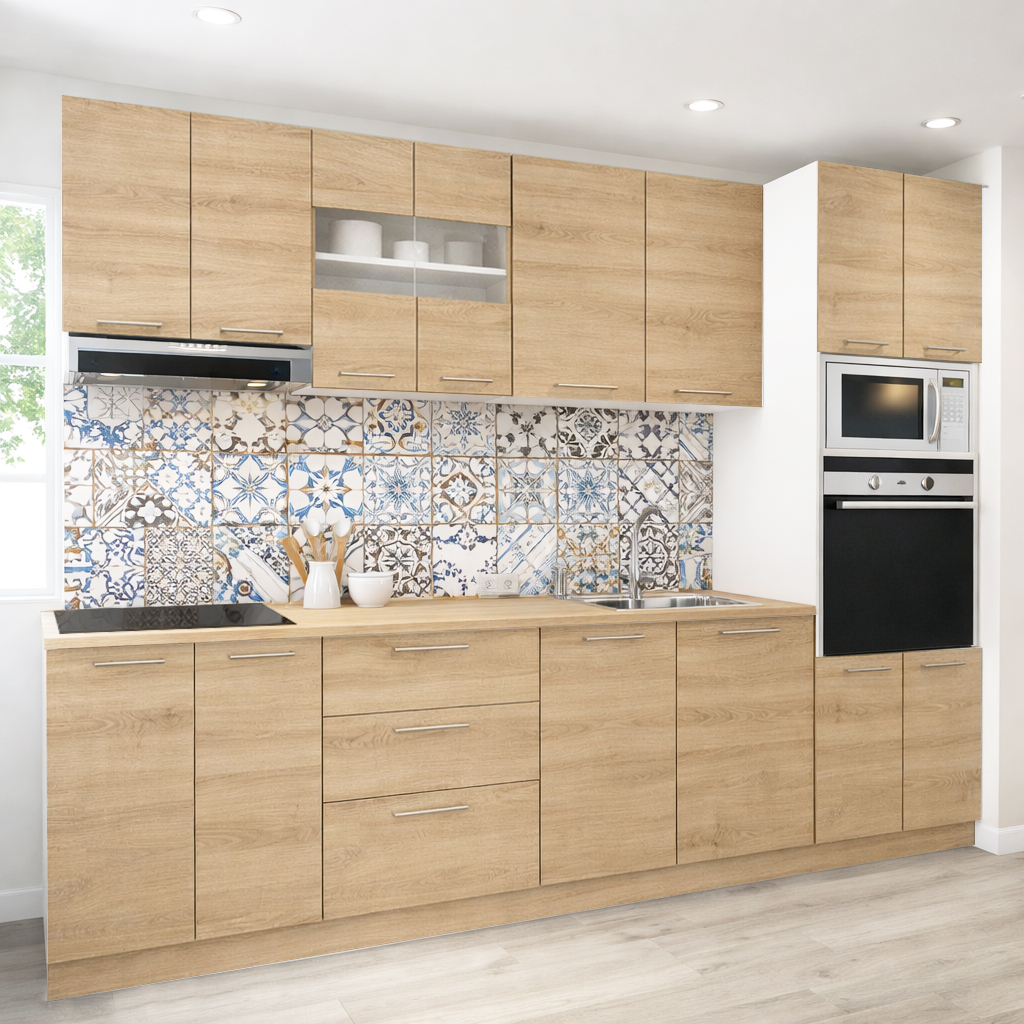 Mobilier de Bucătărie Set cu soft-close, Germania, 260cm, corpuri inalte, blat gros, corp cuptor-cuptor microunde, Sonoma