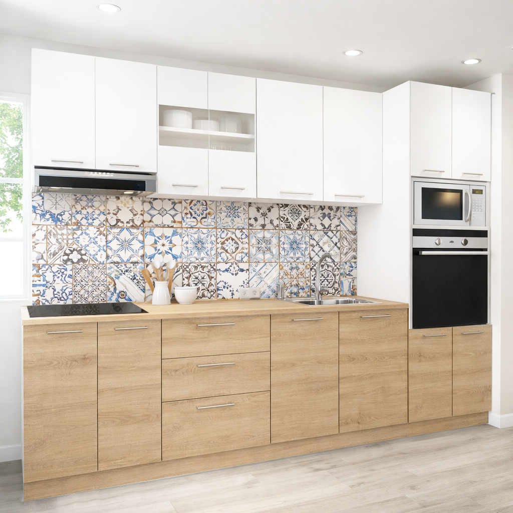 Mobilier de Bucătărie Set cu soft-close, Germania, 260cm, corpuri inalte, blat gros, corp cuptor-cuptor microunde, Sonoma/Alb