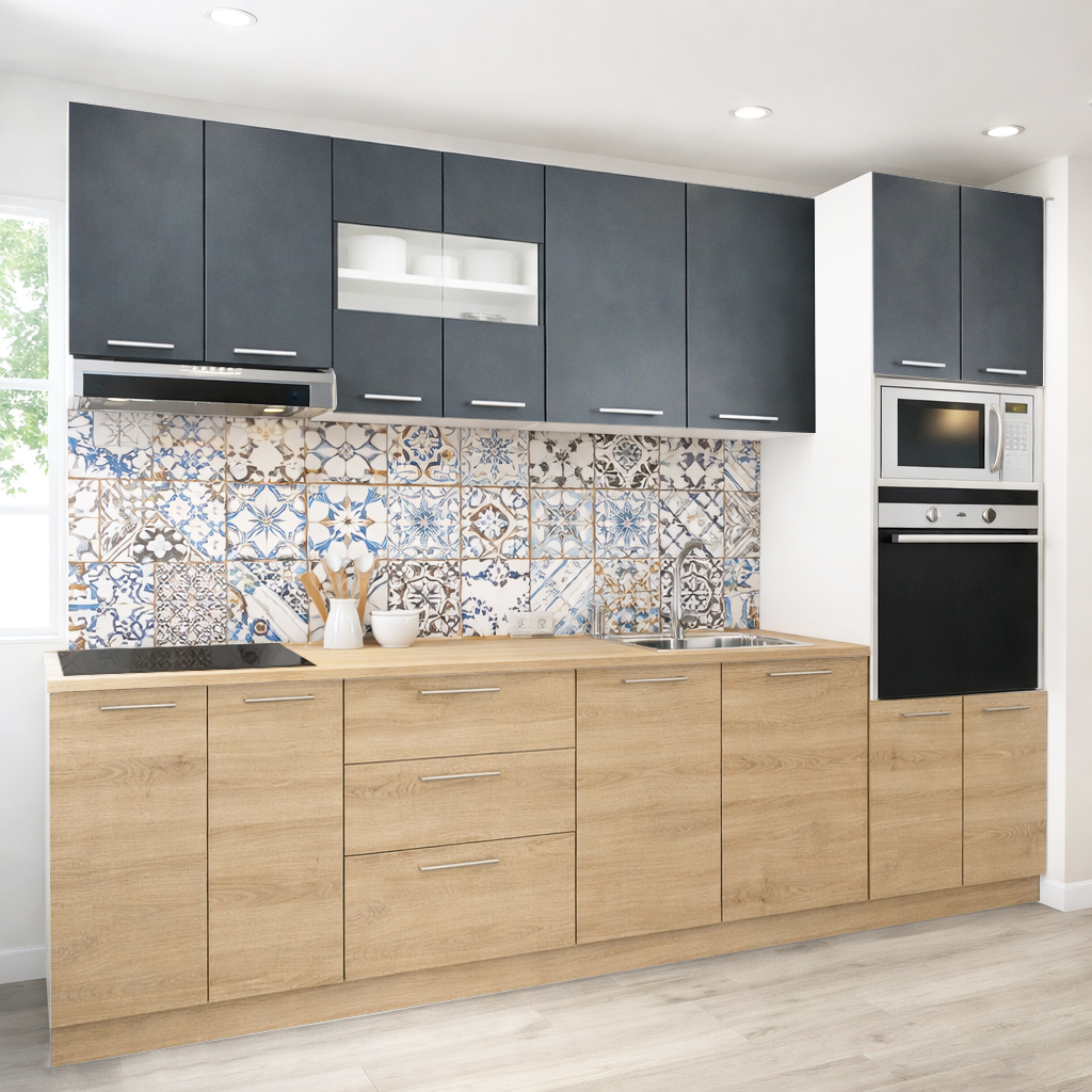 Mobilier de Bucătărie Set cu soft-close, Germania, 260cm, corpuri inalte, blat gros, corp cuptor-cuptor microunde, Sonoma/Antracit