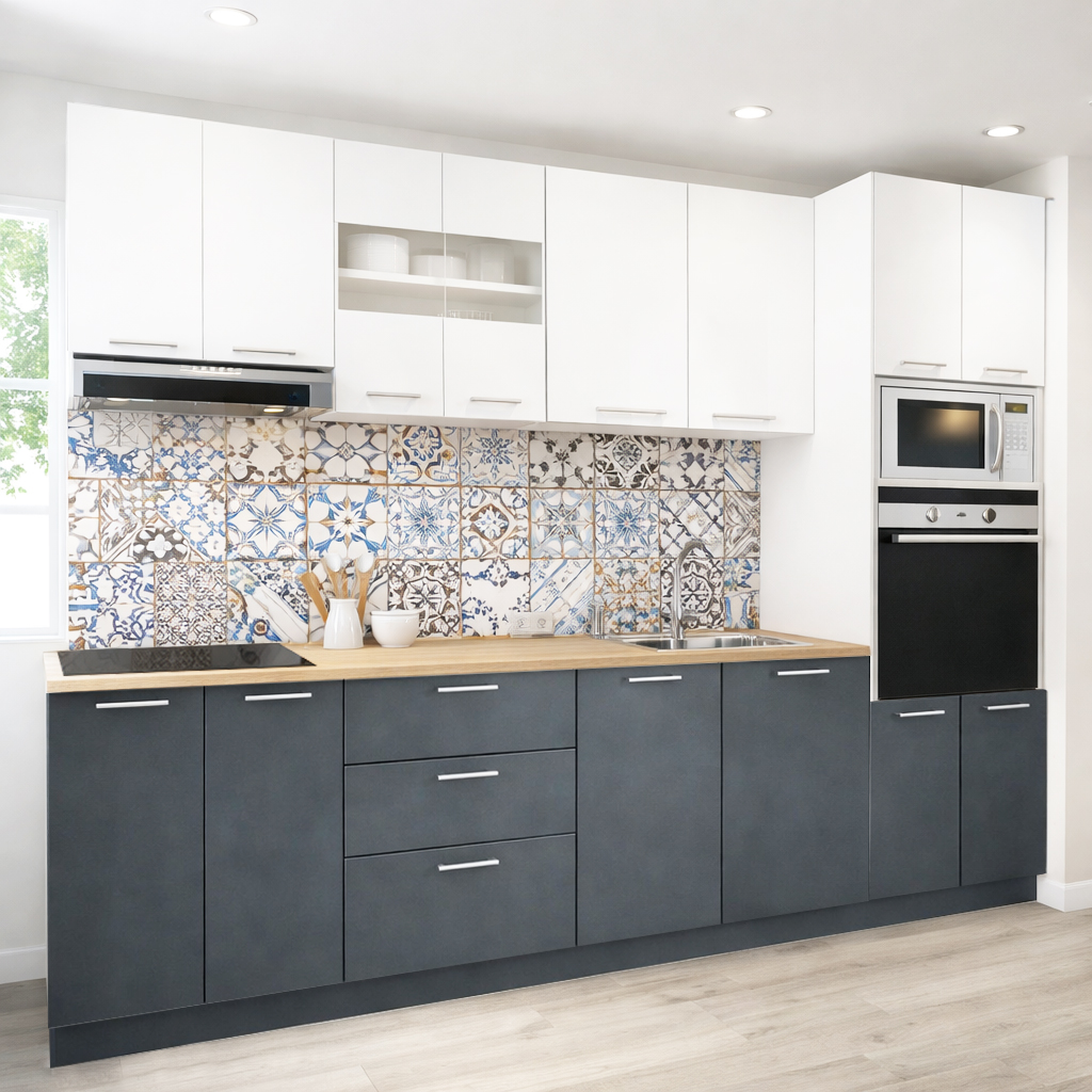 Mobilier de Bucătărie Set cu soft-close, Germania, 260cm, corpuri inalte, blat gros, corp cuptor-cuptor microunde, Antracit/Alb