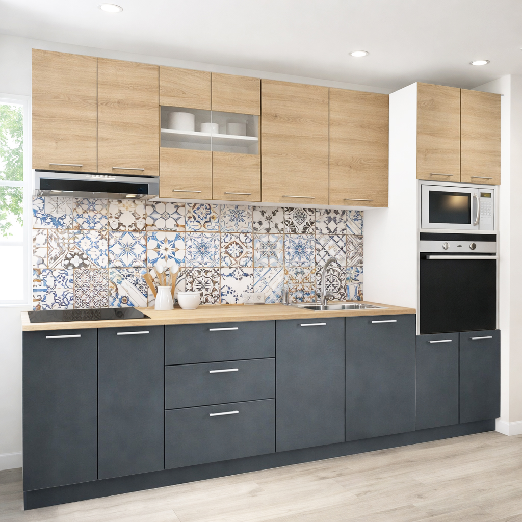 Mobilier de Bucătărie Set cu soft-close, Germania, 260cm, corpuri inalte, blat gros, corp cuptor-cuptor microunde, Antracit/Sonoma