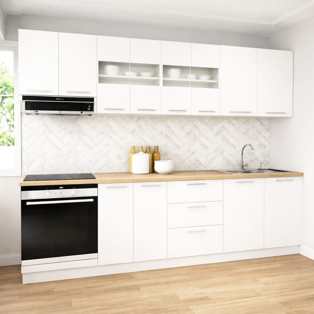 Mobilier de Bucătărie Set cu soft-close, Germania, 260cm, corpuri inalte, blat gros, corp cuptor, Alb