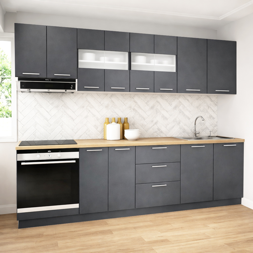 Mobilier de Bucătărie Set cu soft-close, Germania, 260cm, corpuri inalte, blat gros, corp cuptor, Antracit