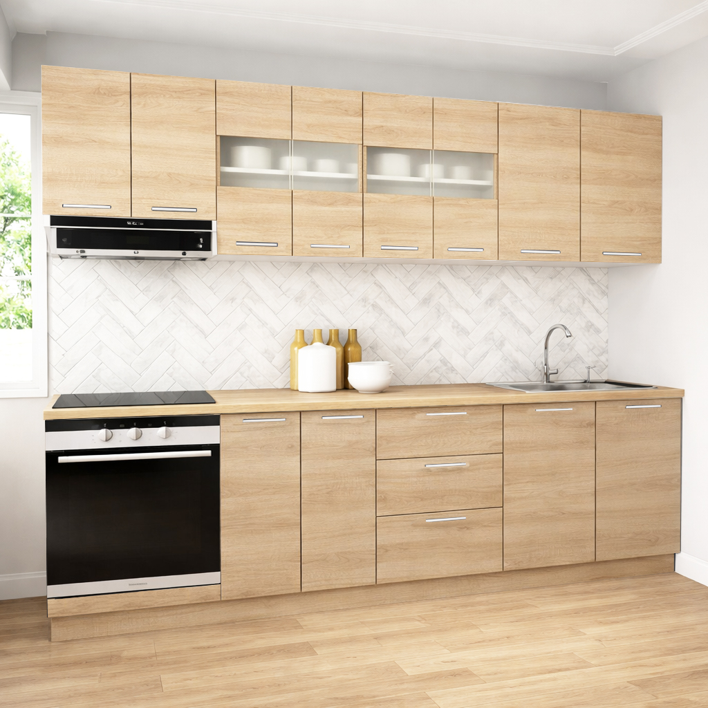 Mobilier de Bucătărie Set cu soft-close, Germania, 260cm, corpuri inalte, blat gros, corp cuptor, Sonoma