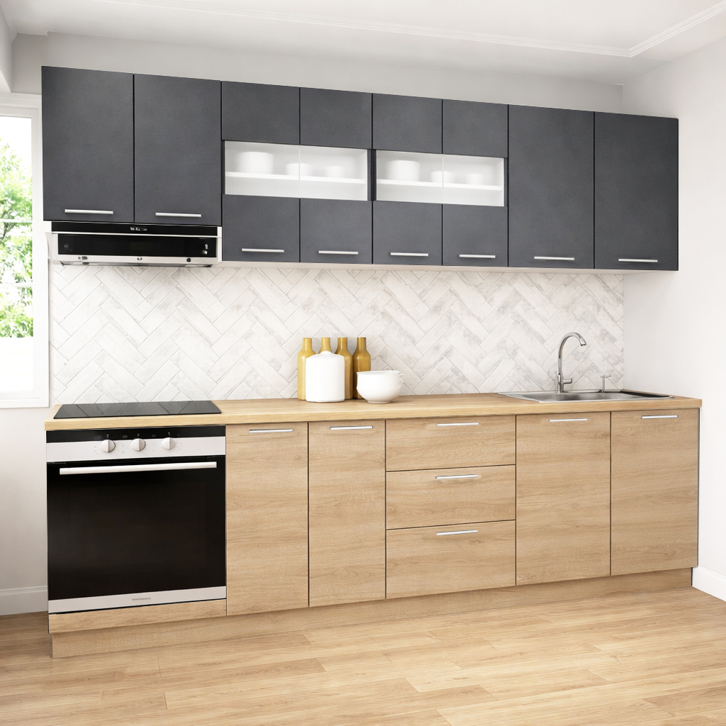 Mobilier de Bucătărie Set cu soft-close, Germania, 260cm, corpuri inalte, blat gros, corp cuptor, Sonoma/Antracit