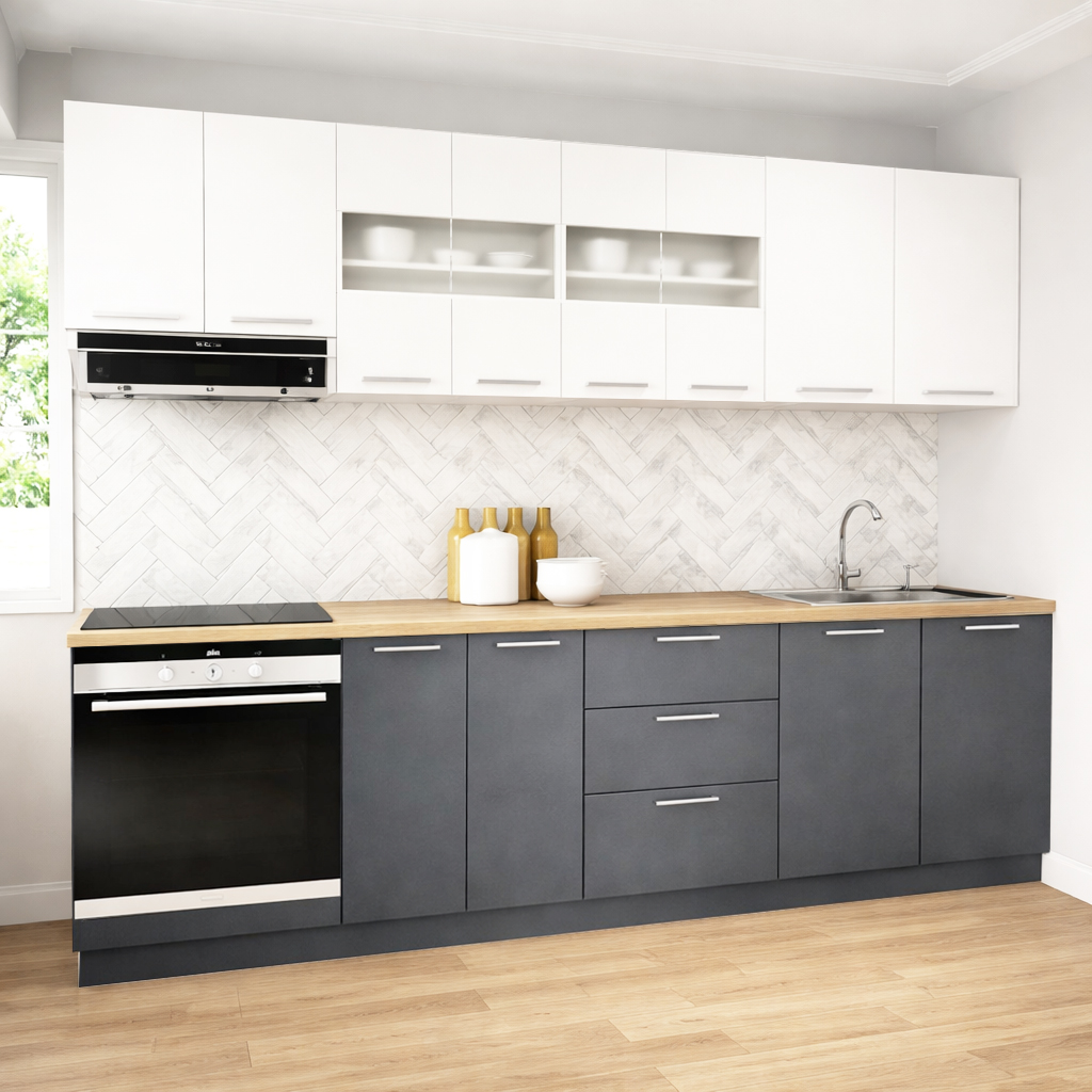 Mobilier de Bucătărie Set cu soft-close, Germania, 260cm, corpuri inalte, blat gros, corp cuptor, Antracit/Alb