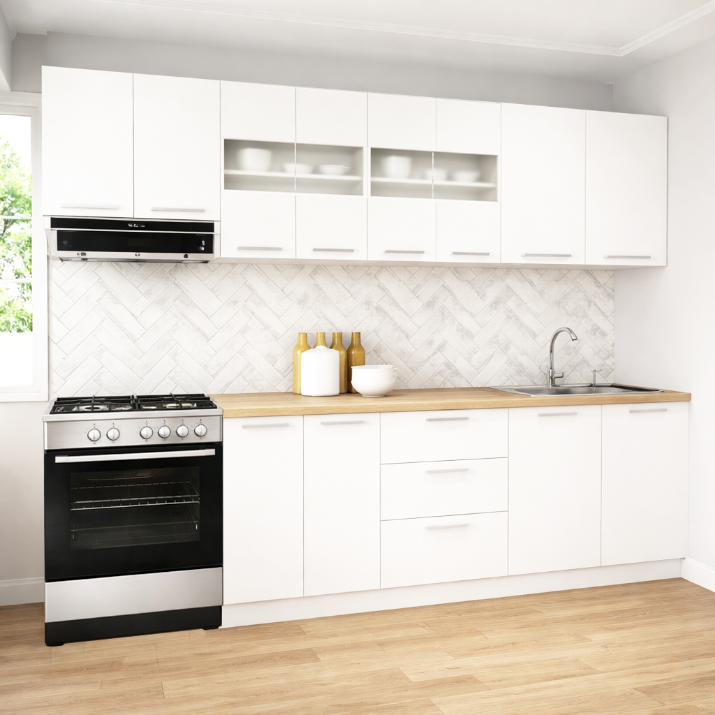 Mobilier de Bucătărie Set cu soft-close, Germania, 260cm, corpuri inalte, blat gros, Alb